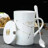 Canecas cerâmica 12 constelações criativas com tampa de colher verde e ouro porcelana zodiac leite de café com copo de xícara de bebidas