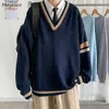 Men's Sweaters V-neck Spliced Pullover Men Autumn Vintage Knitted Clothing Loose Student Harajuku BF College Japanese Jumper Homme Top 221130