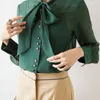 Blusas femininas camisa de seda verde check check britânico manta de manga comprida gravata de manga comprida chiffon ol style