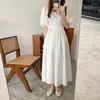 Party Dresses Women Summer Sexy V Neck White Long Wrap Dress Slim High Waist Vintage Puff Sleeve Bandage Sundress French Style