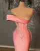 Plus Size Arabic Aso Ebi Sheath Evening Dresses Pink Off Shoulder Beaded Crystals Evening Formal Party Second Reception Birthday Pageant Engagement Gowns Dress