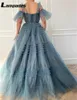 فساتين الحفلات السباغيتي الأشرطة الأثيرية روبان رموز ثوب A-LINE الأزرق مطوي المساء Tulle Dres Vestido de Fiesta Noche Mujer