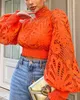 Women's Blouses Tops Women 2022 Trendy Fashion Sexy Hollow Out Shirred Lantern Sleeve Crop Top Lange All-match pullover Herfst