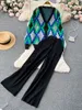 Женские брюки с двумя частями Singreiny Женщины клетчатые вязаные кусочки костюмы V Sect Sweater Cardigan широко вязание нога Long Pan