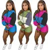 Womens Two Piece Pants hirigin Patchwork Set Long Sleeve Hooded Crop Top Biker Shorts Fall Outfits Tracksuit Women Clothes Sexy Matching Sets 221129