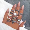 Bandringar Fashion Jewelry Ancient Sier Knuckle Ring Set Opal Crown Flower Elephant Stacking Rings Midi 13pcs/Set Drop Delivery Dhywv