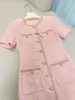 Autumn Round Neck Tweed Panelled Dress Pink Solid Color Short Sleeve Pockets Single-breasted Casual Dresses 6288309363356227