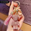 Nyckelringar Fancy Strass Rhinestone Diamond Bear Animal Keychain Leather Strap Car Key Chain Bag Pendant Llaveros Para Mujer