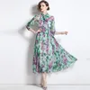 Casual Dresses Runway Fashion Summer Flower Print Vacation Long Dress Elegant Women Bow Collar Wisteria Floral Green Chiffon Boho Vestidos