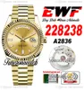 EWF DAYDATE 228238 A2836 AUTOMATISK MENSKRIVA GULD GULD FLUTED BEZEL CHAMPAGNE BAGUETTE DIAMOND DIAL President Armband Samma seriekort Super TimezoneWatch D4