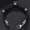 Charm Bracelets Fashion Jewelry Men Leather Braided Bracelet Shield Stainless Steel Lobster Clasp Bangles Male Wrist Band Gifts