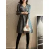 Party Dresses Korean Luxury Elegant A-Line Midi Dress Women 2022 Autumn Long Sleeve Vintage V Neck Geometry Print Knapp Fashion Female Dress T220930