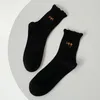 Women Socks Ruffle Flower Korean Fashion Middle Tube Kawaii Lolita Literary Retro Vintage Black And White