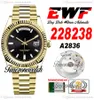 EWF DayDate 228238 A2836 Automatic Mens Watch Yellow Gold Fluted Bezel Black Stick Dial President Bracelet Same Serial Card Super Edition Timezonewatch C3