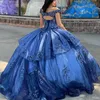 Niebieskie sukienki Quinceanera Ruffle koralikowe koronkowe aplikacje