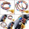 Brins de perles 108 Méditation Mti-Couche Bracelets à brins longs 7 Chakra Yoga Naturel Rond Oeil de Tigre Mala Perles Gland Juif Lulubaby Dh5Zw