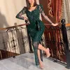 Party Dresses Women Dark Green Bling Party Dresses Long Sleeves V Neck Formal Prom Gown Female New Fashion Side Split Real Mermaid Dress T220930