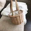 Evening Bags Women Handmade Straw Woven Casual Bucket Top-handle Bag Summer Beach Durable Rattan Drawstring Travel Cute Tote Handbag