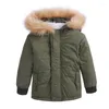 Jackets Kids Boys Bolded Winter Warm Outwear Baby Jacket em exército verde espesso espesso de casacos com capuz de peles