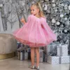 2022 Lovely Flower Girls Dresses Pink Jewel Neck Organza Ruffles Tiered Feather With Cape Crystal Beads Short Mini Kids Birthday Girl Pageant Gowns Ball Gown