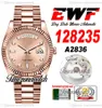 EWF DayDate 36mm 128235 A2836 자동 남성 시계 로즈 골드 어두운 샴페인 다이아몬드 다이얼 오이스터 스틸 브레이슬릿 동일한 직렬 카드 슈퍼 에디션 TimezoneWatch D4