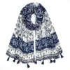 Scarves 2022 Est Women Vintage Floral Pattern Navy Color Scarf Cotton Voile Tassel Shawls 6prints