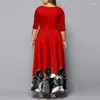 Ethnic Clothing Plus Size Dress 2022 Autumn Elegant Tribal Print Long Party Women Sexy O-Neck Hollow Out Red Christmas Evening Outfits 5XL