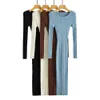 パーティードレス8.20グリチックの女性編みドレスoネックソリッドカラー長袖コレクション腰のスキニーミディド​​レスT220930