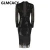 Sukienki imprezowe Kobiety z długim rękawem cekin bodycon sukienki Tassels Evening Party Vestidos Sexy Ladies Formalne sukienki midi t220930