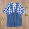 Conjuntos de roupas 2022 0-3y Casual Casual Casual Baby Boy Boy Blue Plaid Print Top Sleeve Pullovers jeans Straps shorts Maclados outono 2pcs