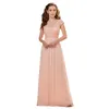 Peach Chiffon A-Line Bridesmaid Dress Long V-Neck Cap Sleeve Beach Garden Wedding Party klänningar Spetsar Topp Elegant golvlängd Prom Evening Wear