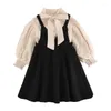 Girl Dresses Luxury Princess Dress Sets For Girls Boutique Khaki Bow Blouse And Black Vest Design 4 To 14 Years Kids Formal Clothes