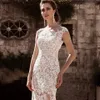 2023 Vestidos de Noiva Sereia de Luxo Decote Transparente Cauda Longa Ilusão Renda Cheia Apliques Vintage Sobressaias Botões nas Costas Capela Trem Vestidos de Noiva