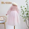 Flickaklänningar Autumn och Winter Girl's Net Yarn Lantern Sleeve Splicing Princess Dress Children's Western Style Sticky Puffy