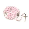 Pink Square Rosary Hollow Cross Pendant Long Beaded Chain Necklaces For Men Women