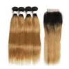 Human Hair Bulks T1B/30# 4PCS Ombre Brown Bundles With Closure 4x4 SOKU Brazilian Straight Weave Lace Non-Remy