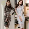 Party Dresses H Han Queen 2022 Ny vår Elegant virkning Se genom spetsklänning kvinnor koreanska midhölje penna klänningar party bodycon vestidos t220930