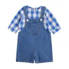 Conjuntos de roupas 2022 0-3y Casual Casual Casual Baby Boy Boy Blue Plaid Print Top Sleeve Pullovers jeans Straps shorts Maclados outono 2pcs