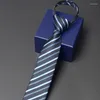 Cravatta classica blu con cerniera per uomo Cravatta da lavoro maschile di alta qualità Cravatta formale da 6 cm Confezione regalo a righe sottili