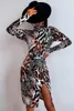Casual Dresses Women Sexig Design Animal Texture Print Midi Dress 2022 Spring Autumn Leopard l￥nga ￤rmar