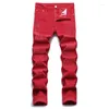 Men's Jeans Letter Embroidery Punk Red Elastic Denim Men Autumn Corduroy Pants Spring Casual Slim Fit