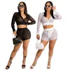 Tops de trilhas femininas tampas e shorts de colheita de 2 peças de malha transparente de malha feminina sets fêmeas club de ternos curtos desgaste ao ar livre listrado