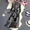 Casual Dresses Half Button Press Pleated Long Sleeve Dress Autumn 2022 Trendy Vintage Leopard Print Floral Fashion Sashes Maxi Women T126