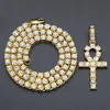 Big cz cross pendant necklace for mens hip hop jewelry plated gold silver color long tennis chain necklaces pendant drop ship273A
