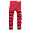 Men's Jeans Letter Embroidery Punk Red Elastic Denim Men Autumn Corduroy Pants Spring Casual Slim Fit