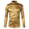 Men's Casual Shirts Luxury Royal Blue Satin Shirt Men Crystal Button Dress Mens Long Sleeve Wedding Prom Tuxedo