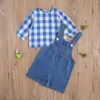 Conjuntos de roupas 2022 0-3y Casual Casual Casual Baby Boy Boy Blue Plaid Print Top Sleeve Pullovers jeans Straps shorts Maclados outono 2pcs