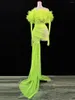 Stage Wear Neon Green Mesh Flower Dress Sexy Transparant Long Train Costume Birthday Prom Celebrate Outfit Night Club DJ