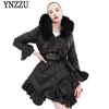 Women's Down Ynzzu Luxury Design Womens Jacket 2022 Winter Pink Ruffles Duck Coat Women Real päls huva varm överrockbälte O683