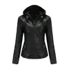 Women's Leather Spring And Autumn Quality Pu Washed Hooded Jacket Large Fit Black Windproof Sports Coat